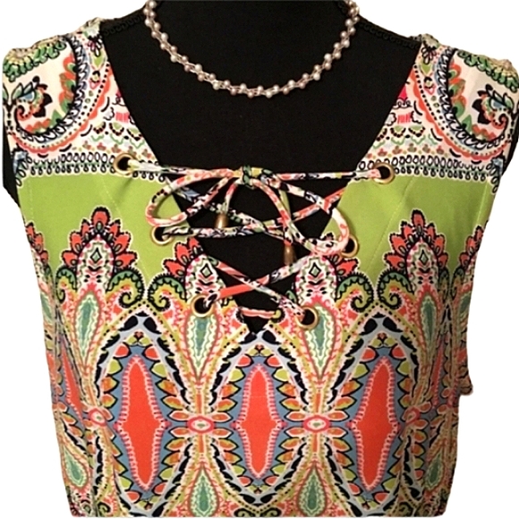 IVY LANE Paisley Slinky Multicolor Lace-up Tie Sleeveless Stretch Dress EUC - Picture 3 of 10